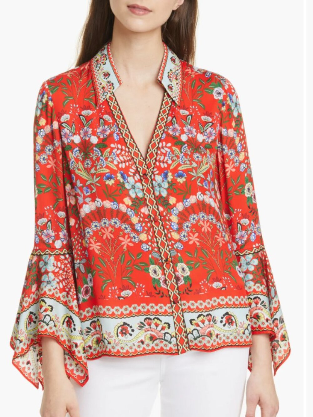 Alice + Olivia “Randa Mixed Print Trumpet Blouse” Sz XS
